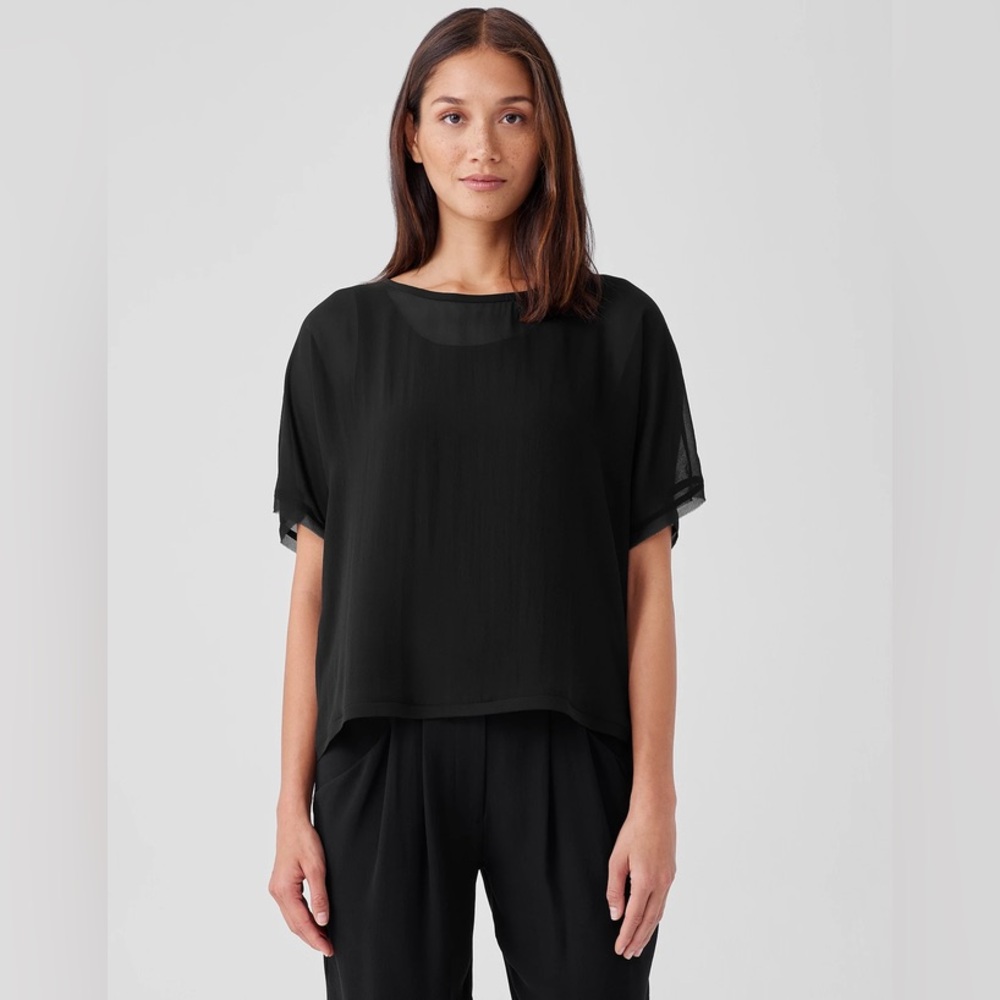 EILEEN FISHER SHEER SILK GEORGETTE BALLET NECK TOP   NWT